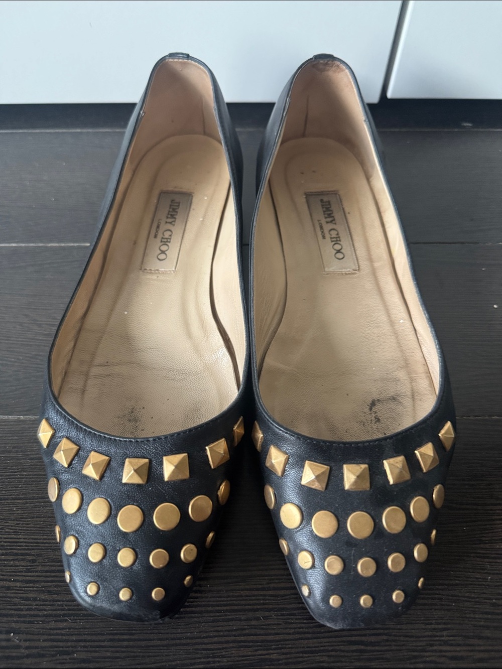 Jimmy Choo Black Leather Studded Square-Toe Flats with Gold Accents